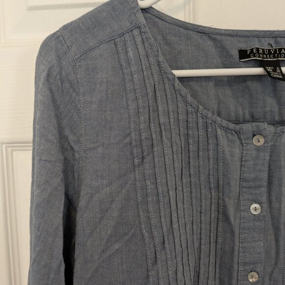 Peruvian Connection 100% Cotton Pleated Peasant Blouse Size 6 Blue Button - Picture 4 of 10